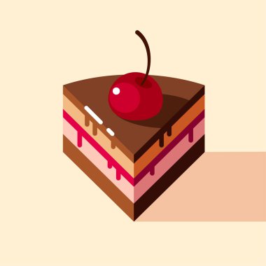 Bisküvi, krema, çikolata, şurup ve kirazlı bir dilim pasta. Düz Çizim.