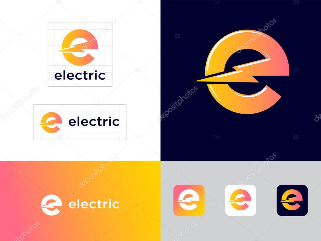 Electric Industrial icon. Power industry symbol. Yellow E letter with lightning.