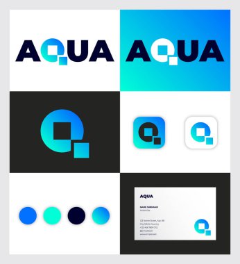 Aqua logosu. Q baş harfleri. Pişmiş yiyecekler logosu. Renkli, uygulama düğmeli ve kartvizitli kurumsal kimlik.