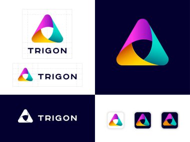 Trigon logosu. Üç renk kurdele, birbirine dolanmış elementler, sonsuz döngü, döngü simgesi. Kimlik. Web düğmeleri.