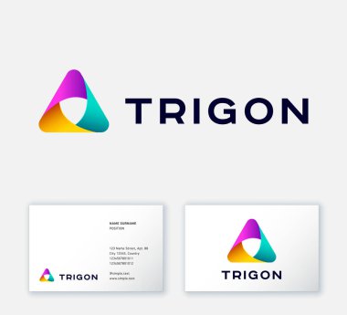 Trigon logosu. Üç renkli kurdele, birbirine dolanmış elementler, sonsuz döngü, ikon. Kimlik. Kartvizit.