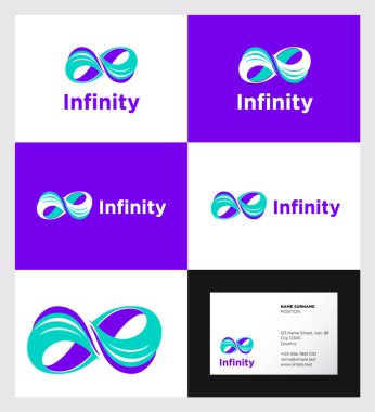Sonsuz logo. Mavi iç içe geçmiş şekiller, sonsuzluk, kıvrılabilen bükülebilir elementler. Kartvizit. Kimlik.