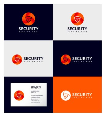 Güvenlik logosu. Girdap çemberinin içinde kalkan şeklinde turuncu S harfi. S baş harfleri. Kimlik. Kartvizit.