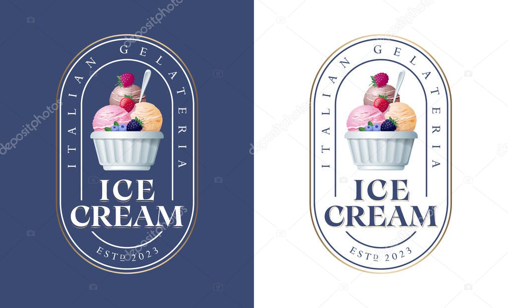 Ice cream logo. Vector illustration. White bowl with ice cream and berries inside rounded frame.