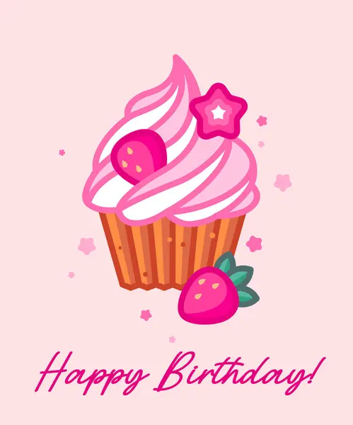 Schokoladen Cupcake Mit Sahnebelag Bonbons Und Erdbeeren Happy Birthday Postkarte — Stockvektor