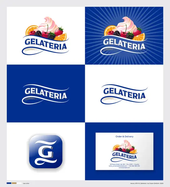 Логотип Гелатерії Італійське Морозиво Листи Сиропом Ягодами Шматочками Фруктів Ідентичність — стоковий вектор