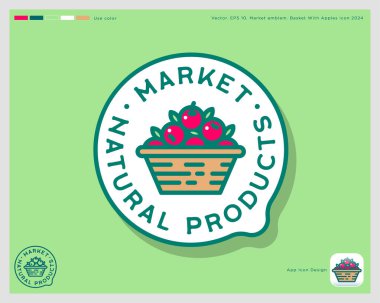 Market logosu etiket gibi. Doğal Ürün ikonu. İçinde harfler yuvarlak olan meyveli bir sepet..