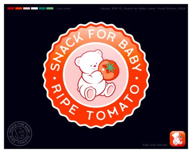 Bebek maması etiketi. Yemek etiketi, dalgalı kenarlı yuvarlak etiket. Kimlik, kullanılmış renk. Domatesli beyaz oyuncak ayı..