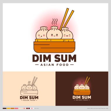 Dim Sum Logo. Chinese restaurant emblem. Three kawaii dumplings with different emotions in traditional serving with chopsticks. Asian cuisine emblem, sign or packaging for Chinese food, sticker. clipart