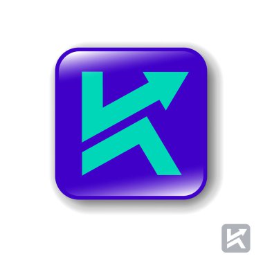 K logosu mavi uygulama düğmesinde. Monogram bükülmüş şeritler ve oklardan oluşur. Yönlü mektup. Teslimat veya Lojistik amblem.