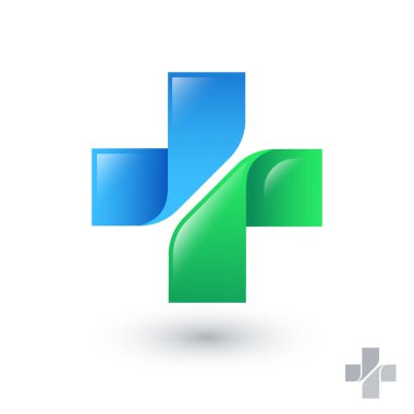 Sağlık hizmeti, eczane logosu. İlaç haçı yeşil ve mavi kurdelelerden oluşur..
