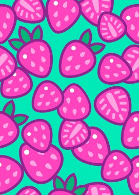 Pembe çilekler ve neon yeşil arka planda yapraklarla kusursuz desen..