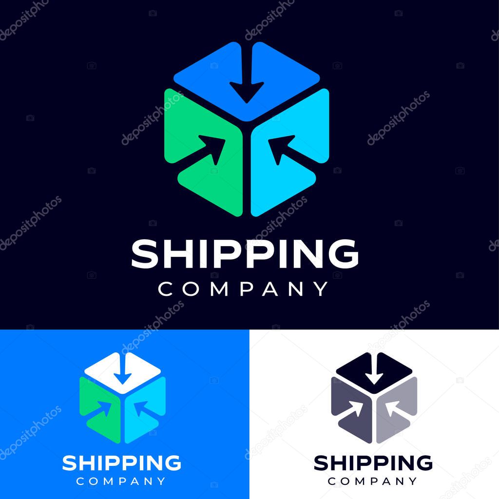 Box silhouette consist of three elements with arrows. Shipping company icon. Postal service icon. Mail and parcels delivery symbol.