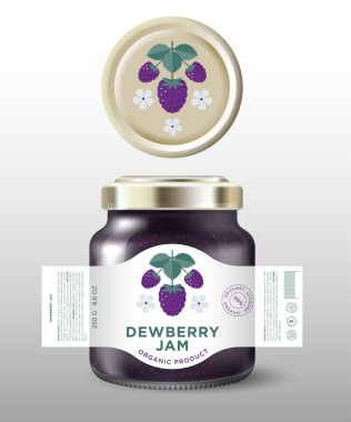 Çilek reçeli etiketi ve ambalajı. Altın kapaklı cam kavanoz modeli..