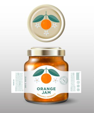 Portakal reçeli etiketi ve ambalajı. Altın kapaklı cam kavanoz modeli..