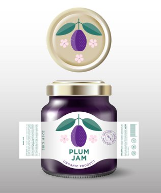 Olgun erik reçeli etiketi ve ambalajı. Altın kapaklı cam kavanoz modeli..