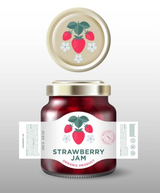 Çilek reçeli etiketi ve ambalajı. Altın kapaklı cam kavanoz modeli..