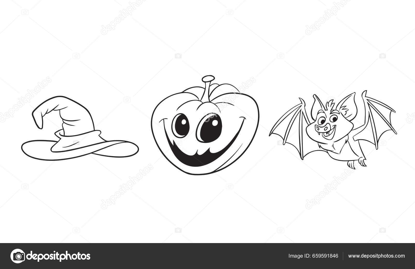 Página para colorir de halloween com objetos assustadores, fofos desenhados  à mão