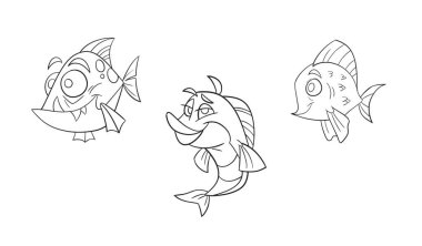 Deniz hayvanları grubu boyama sayfası. Okyanus balığı, ahtapot, yunus, köpekbalığı, balina, kaplumbağa ve yengeç. Doodle tarzı. Boyama kitabı için taslak vektör çizimi. Vektör sayfası simgesi.