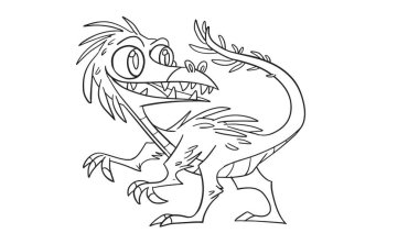 Tarih öncesi boynuzlu dinozor Sinornithosaurus boyama sayfaları. Boyama kitabı için taslak vektör çizimi. Vektör sayfası simgesi