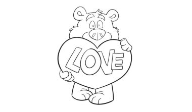 Valentine Day cute soft bear toy gift vector illustration isolated on white. Linear colouring page romantic stuffed animal plaything print for 14 February holiday. clipart