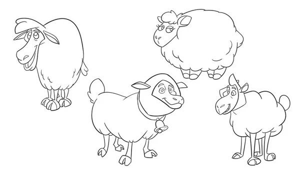 Joli Troupeau Moutons Coloriage Pour Enfants Illustration Vectorielle Dessinée Main — Image vectorielle