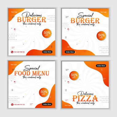 Hamburger, pizza, yemek menüsü restoran sosyal medya afiş tasarımı. Sosyal Medya Posta afişi için uygun. Pizza, burger, tavuk ve lezzetli yemek işi online promosyon..