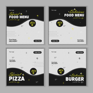 Lezzetli yemekler sosyal medya afiş tasarımı. Sosyal Medya Posta afişi için uygun. Pizza, burger, tavuk ve lezzetli yemek işi online promosyon..