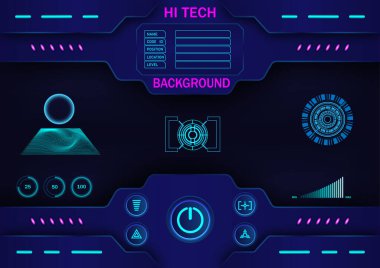 Hi-Tech ekranının yüzünde kontrol düğmeleri var. Solda bir seviye çember var, hedefli bir yuvarlak, sağda bir güç seviyesi var, siyah arkaplanda bir silme..