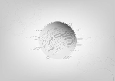 Gri küreler desenli devreler, elektronik teknoloji, semboller ve dişli dişliler. gradyan arkaplan üzerinde