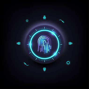 Yüksek teknoloji basma düğmesi. Mavi parlak bir daire var. Ortasında parlayan elementlerle dolu bir parmak izi tarayıcısı var..