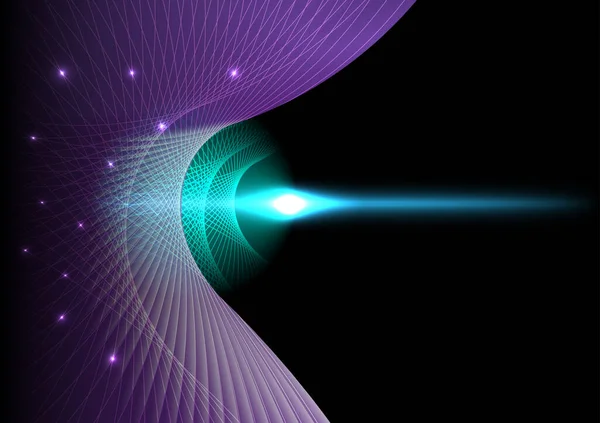 ハイテク抽象未来技術紫のカスケード曲線上にネットがあります 線の上に光の点があった 光ビームはレーザーライン上にあります 黒を背景に — ストックベクタ