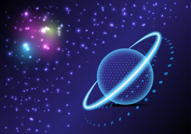 Soyut bir arka plan, mavi bir ışık halkasıyla parlayan bir çember. Mavi eğimli arka planda parlak yıldızlar ve nebulalar vardır..