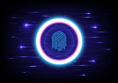 Yüksek teknoloji arka plan parlama çemberi bir güvenlik parmak izi tarayıcısı var. Merkezde elementlerle aydınlatılmış elektronik devre hattı var. gradyan arkaplan