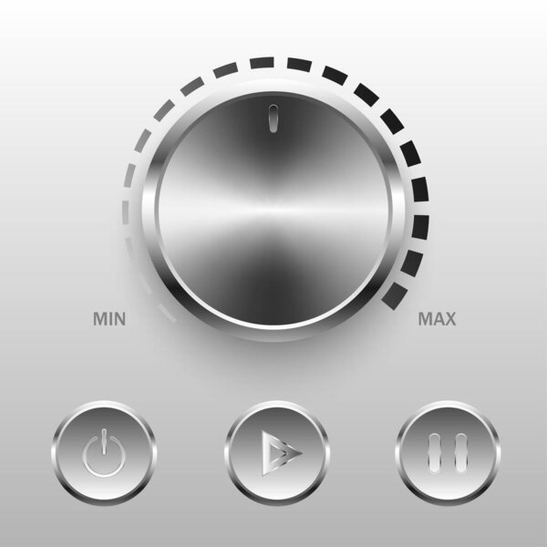 four button setLarge stainless steel circular volume switch with a reflective shine There is a line on the outsidemedium push button There is an icon in the middle. gray gradient background
