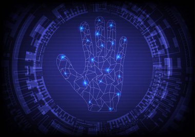 abstract hi-tech circlesCenter hand wireframe with bright glowing spots with horizontal grid lines on a blue gradient background clipart