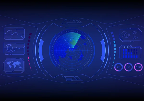 ハイテク抽象仮想スクリーン 中央のレーダースキャン画面 青と赤のスケール 数円のエネルギー世界地図表示があります 勾配を背景に — ストックベクタ