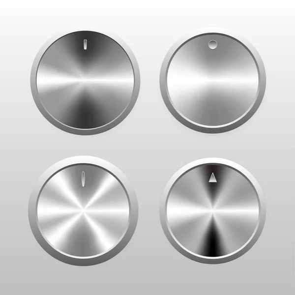 stock vector Set of four circular control knobs in a shiny, aluminum, chrome, silver and stainless steel 