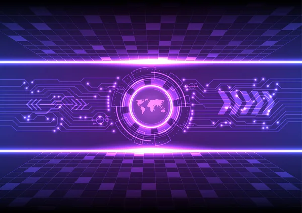 Hitech Backgroundテクノロジー グロー サークルにはマップがあります 左右に光の点がある電子回路 レーザー光 グリッド 上下の紫色のグラデーションの背景 — ストックベクタ