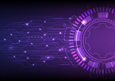 Soyut Hi-Tech geçmişi. Teknoloji çevreleri. Üst üste binen çizgilerle parlayan noktalı kıvrımlar. Çizgilerin kesişiminde parlak bir nokta var. Çeşitli vitesler ve mor ve mavi arkaplan elementleri var.