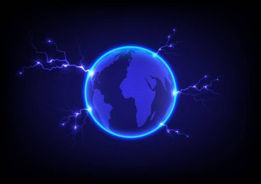 Kenarlarında parlayan daireler ve mavi gradyan arkaplan etrafında parlayan parlak elektrik akımı çizgileriyle yüzeydeki 3 boyutlu dünya haritası..