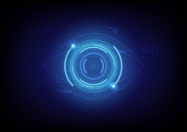 Arkaplan teknolojisi soyut mavi gözler çeşitli boyutlarda teknisyen çemberleri çizgiler ve noktalar ve aşağıda elektronik devrelerle birlikte parlak ışıklar mavi gradyan arka planda elementler var.