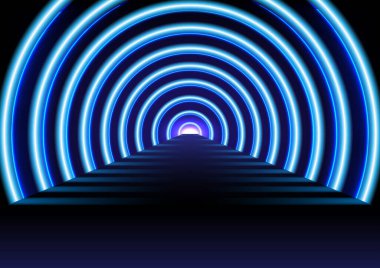 Soyut Teknoloji Arkaplan Mavi Parlak Tünel Perspektifleri ve ışıkların sonunda parlayan çizgiler olan yollar değişken arkaplanı aydınlatır.