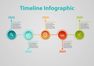Infographic zaman çizelgesi 5 yıl çok renkli daireler, eğri uçlu, altıgenli ve simgeli iş planlaması, pazarlama, gri arka planda büyüme