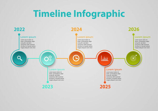 infographic timeline 5 years multi colored circles with curved ends with hexagons and icons for business planning, marketing, growth on gray background