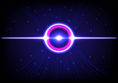 Soyut teknoloji halka pembe ve mavi lazer ışınını aydınlatıyor. Uzayda kıvrımlar ve yıldızlar parlar.
