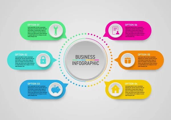 Business Infographie Carré Option Multicolore Cercles Avec Centre Icônes Cercles — Image vectorielle