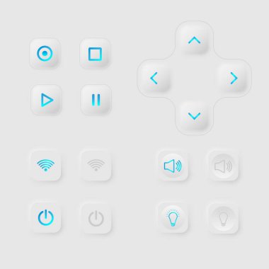 Temiz kare kauçuk düğmeli 4 kontrol düğmeli modern ekran arayüzü. ortadaki ışık simgesi gri arkaplan