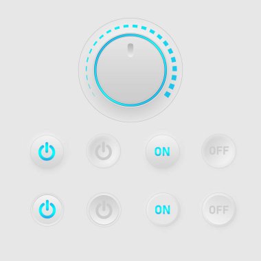 Modern ekran arayüzü düğmenin bir seviye göstergesi ve bir takım düğmeleri var. Dairesel lastik düğme temiz merkez ışık simgesi gri arkaplan