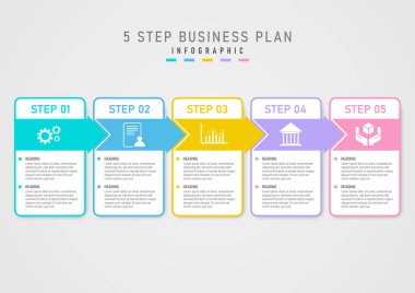 modern bilgi şablonu 5 adım başarı iş planı kare beyaz çok renkli oklar ve merkez simgeleri pazarlama, finans, ürün, proje için gri gradyan tasarım